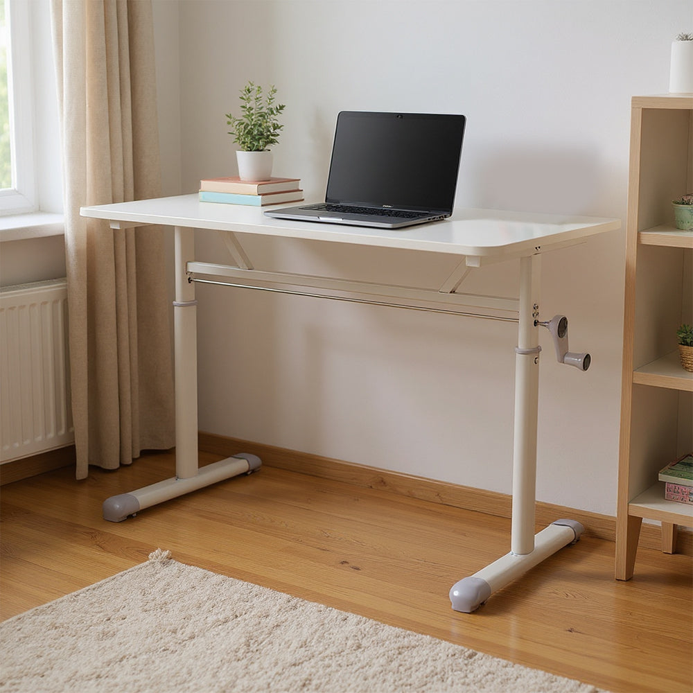 Premium Manual Adjustable Desk 60-90cm - Ergonomic Workstation with Crank Handle & Reinforced Base, Gaming & Home Office Desk, White Compact Study Table (Easy Assembly)
