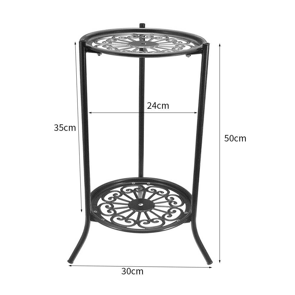 1PC Black Balcony Flowerpot Rack, 2-story Metal Plant Display Rack, Circular Storage Rack for Office and Living Room, Size 23*23*56cm