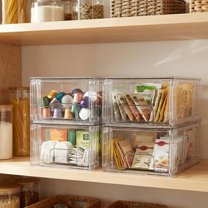 4 Pack Stackable Storage Drawers, Refrigerator Organizer, Clear Acrylic Drawer Organizers with Handles, Easily Assemble Containers for Fridge, Bathroom, Kitchen Undersink, Cabinet, Pantry Organization And Storage
