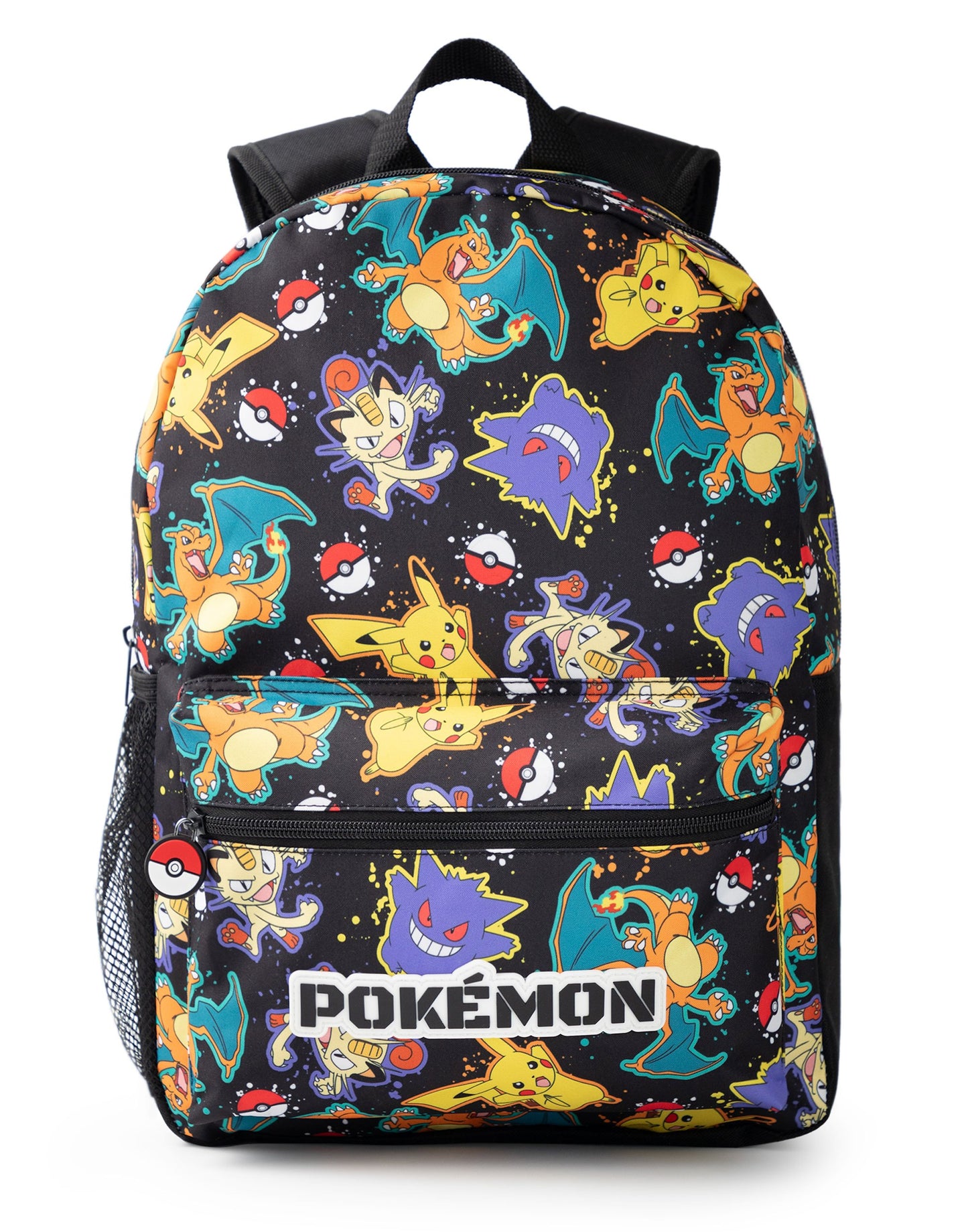 Pokémon Pikachu Charizard Gengar Meowth Backpack in Black | Kids Character All-Over Print Bag | Adjustable Shoulder Straps, Front Pocket & Mesh Holder