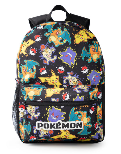 Pokémon Pikachu Charizard Gengar Meowth Backpack in Black | Kids Character All-Over Print Bag | Adjustable Shoulder Straps, Front Pocket & Mesh Holder