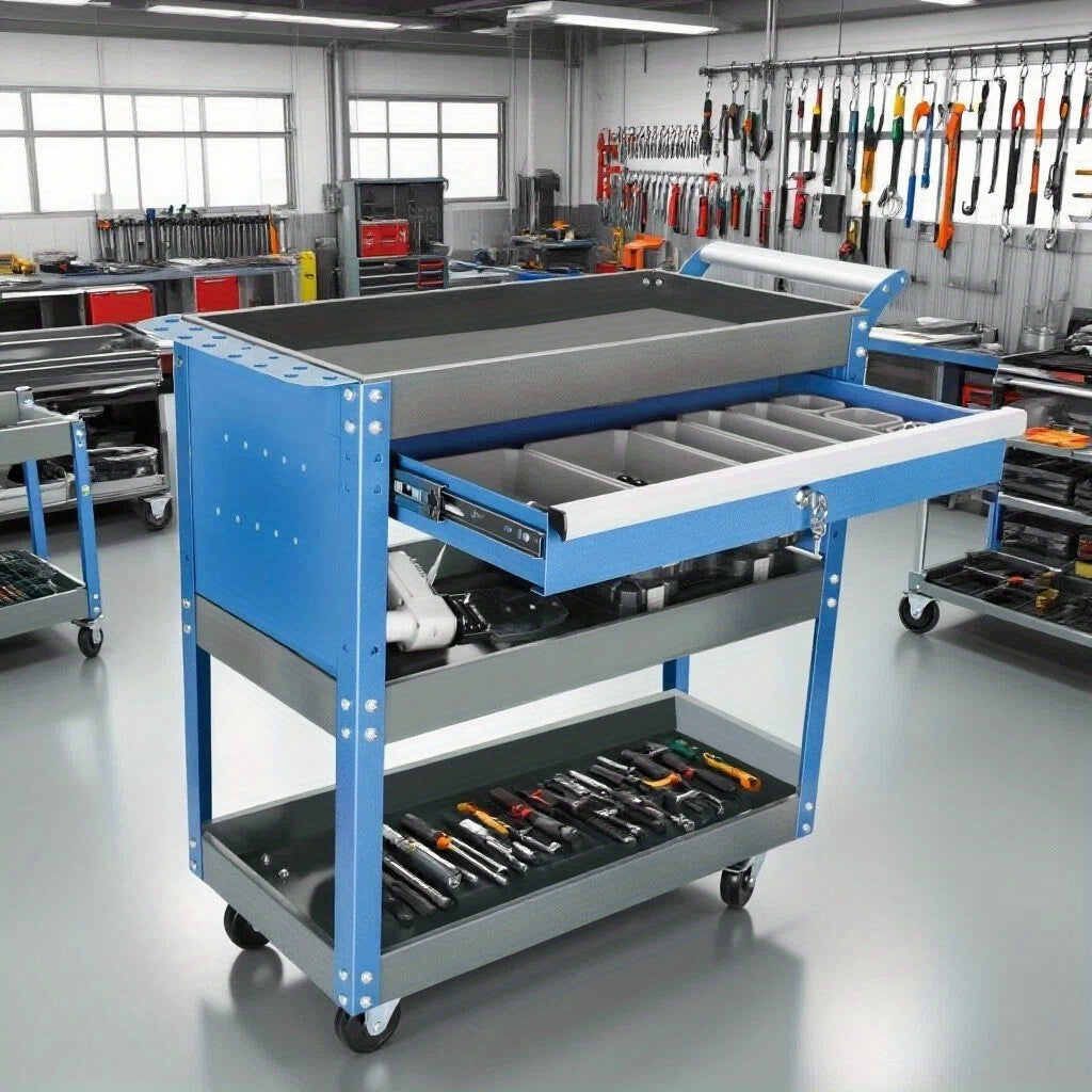 Heavy Duty 3-Tier Rolling Tool Cart With Rubber Wheels, 199.58 KG Capacity Tool Storage Cart, Rolling Tool Cart, Utility Cart For Garage, Warehouse, And Repair Shop, Blue