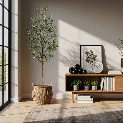 6FT/180cm Artificial Olive Tree Artificial Plant Large Artificial Plant Decoration Indoor Outdoor Home Office Kitchen Living Room Patio Garden Modern Decoration Best for Promotional Housewarming Halloween, Christmas Gift for Keeping Birds and Cats and Oth