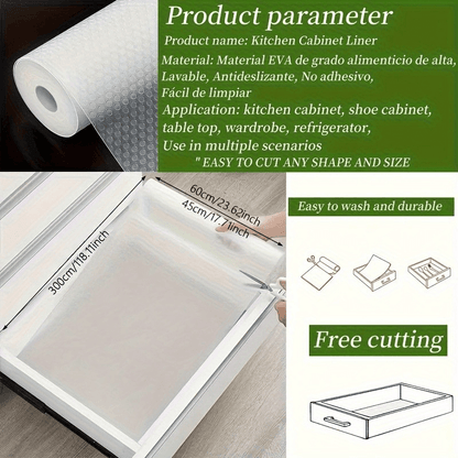 45X300Cm Large Roll EVA Transparent Anti Slip Drawer Mat, Kitchen And Bathroom Anti Oil And Anti Slip Mat, DIY Cutting Self-Adhesive Backing, Refrigerator Bookshelf Storage Mat, Furniture Protection Anti Scratch Mat, Easy to Clean And Washable, Versatile