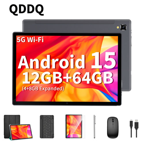 QDDQ Android 15 Tablet, with Keyboard, Case, Wireless Mouse, Stylus, Available In Two Configurations:[ 26(6+20)GB ROM + 256GB ROM] / [12(4+8)GB ROM + 64GB ROM], 10.1 Inch LED Screen, Gaming, WiFi, USB-C (Without Adapter) Christmas Gift, Pad
