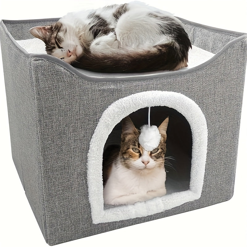 1 Luxury Cat House, Double-Decker Cat Bed with Fluffy Balls And Scratchboards - Foldable, Closed Cat Villa, Suitable for Indoor Cats And Small Dogs, Comfortable All Season, Soft Fabric, Cat House Villa; Modern Cat Bed; Durable Cat Bed, Cat Furniture