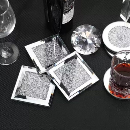 Serena's® Set of 4 Crystal Coasters – 10cm Glass Mirrored Drink Coasters with Glitter Crushed Diamond Design – Elegant Coasters for Home, Kitchen, Bar, or Table Decoration