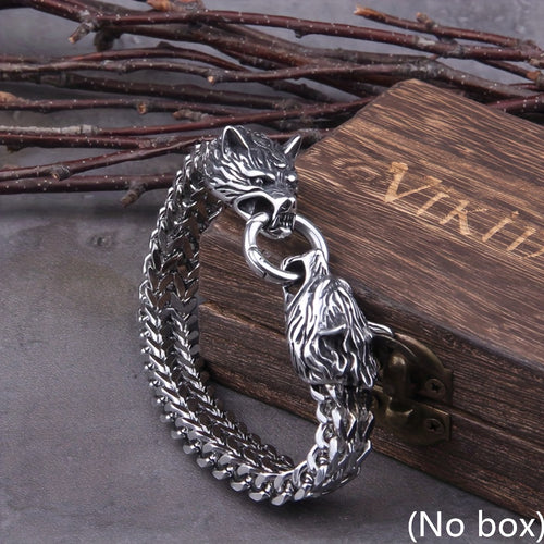 Never Fade Rock Viking Wolf Charm Bracelet Men'S 304 304 Stainless Steel Mesh Chain Silvery Color Wolf Punk Bracelets Biker Jewelry