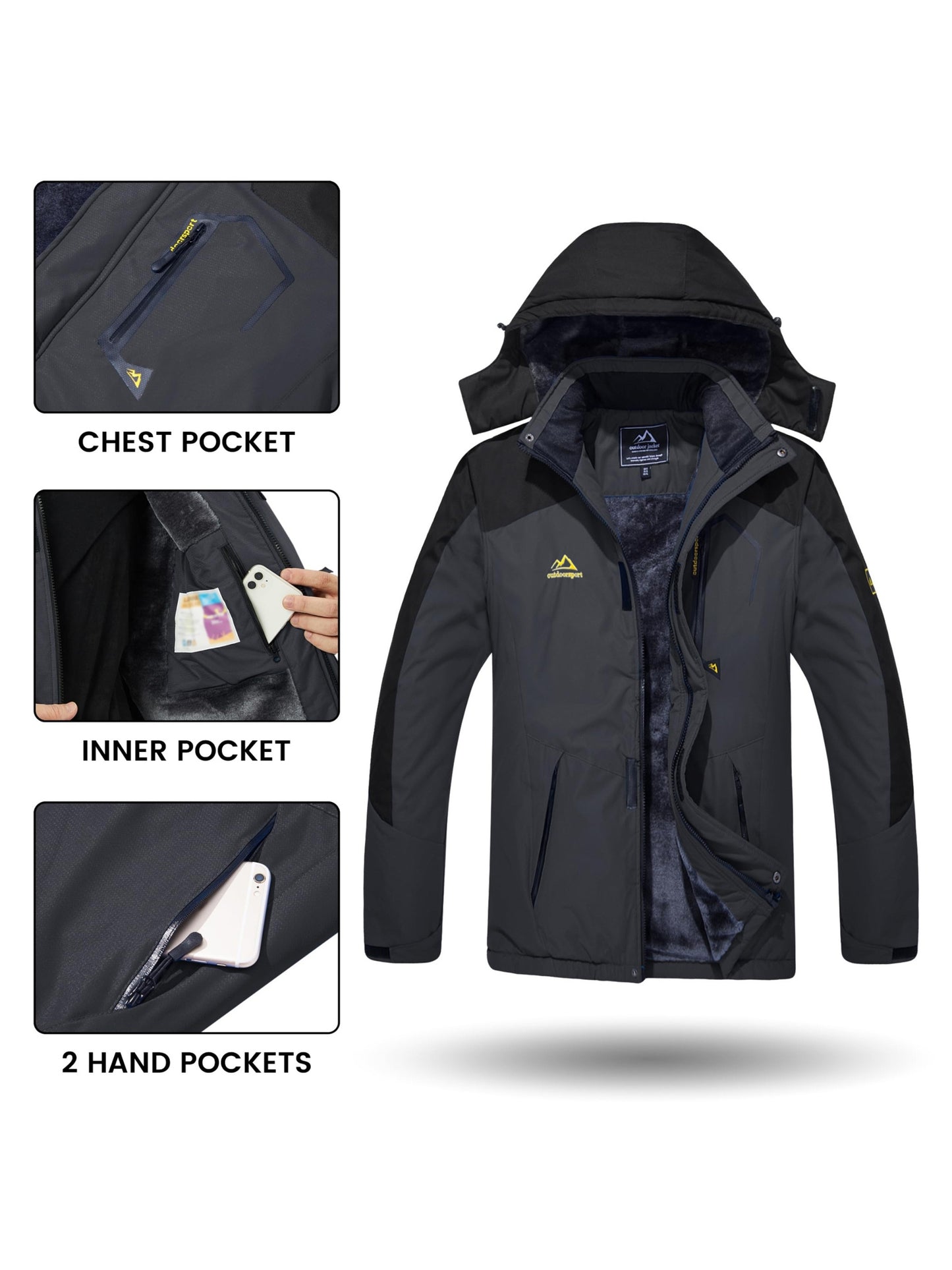 Men's Winter Warm Jackets Fleece Lined Coats Hooded Thermal Outdoor Thick Jacket Heavy Sport Hiking Jogging Camping Fishing Climbing Traveling Skiing Snowboarding Casual Parka