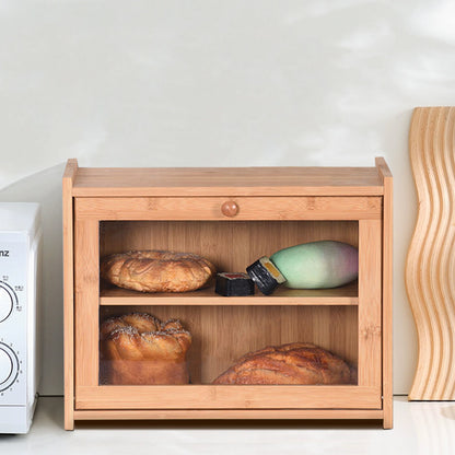 Double Layer Bread Box Bamboo Breadbox Clear Window Bread Holder Storage Bins Organizer Storage Box for Kitchen Countertop, 15.75*6.69*12.20 inch