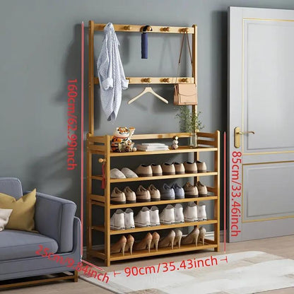 Bamboo Shoe Rack with Clothes Hanger Rail – Multi-Layer Freestanding Shoe Cabinet & Clothes Storage Organiser for Hallway, Bedroom & Dormitory | Space-Saving Floor Standing Shelf