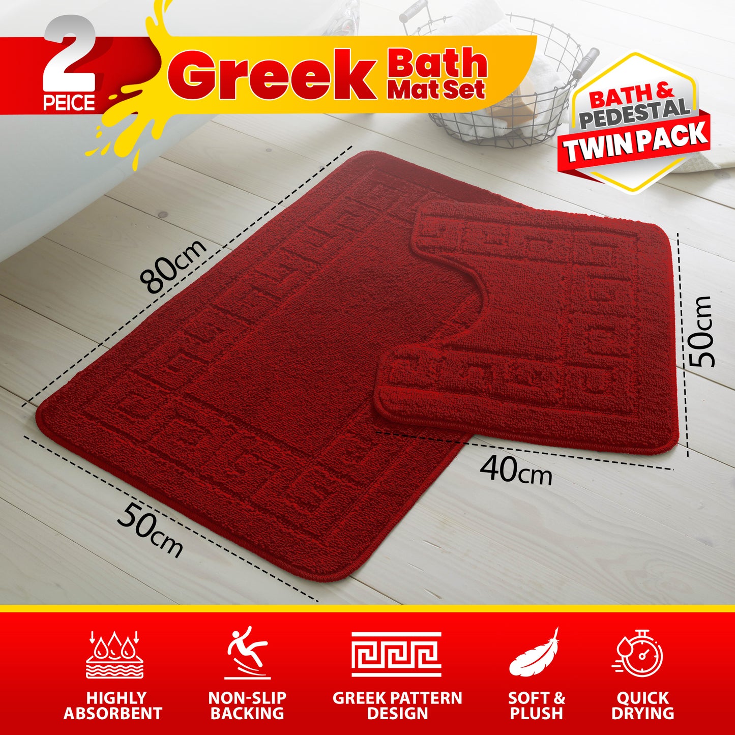 GC GAVENO CAVAILIA 2 Piece Greek Pattern Bathroom Mat Set | Soft & Plush 100% Polyester Bath Mat and Pedestal Rug | Non-Slip Backing, Highly Absorbent, Quick Drying |Machine Washable Bathroom Rugs | Ideal for Everyday Use | LOCAL WAREHOUSE | UK BRAND