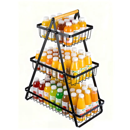 Detachable 2 Tier Fruit Basket Metal Fruit Bowl Holder with Wooden Handle for Vegetables Snacks Bread Kitchen Office Storage Organizer Rack