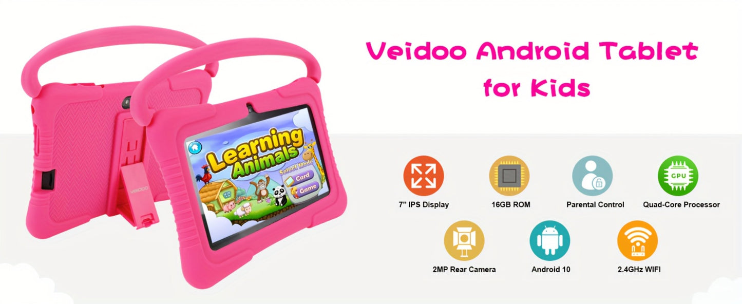 Veidoo 7 Inch Kids Tablet Android 1GB RAM 16GB ROM Drop-Proof Silicone Cover Dual Camera Educational Games Parental Control App WiFi Eye Protection Screen