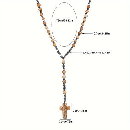 Natural Stone Round Beads - Pink Quartz, Map Stone, Sage Stone, Red Agate Beaded Cross Pendant Necklace for Men and Women, Long Chain Sweater Chain, Gift