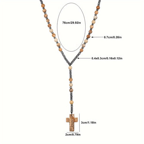 Natural Stone Round Beads - Pink Quartz, Map Stone, Sage Stone, Red Agate Beaded Cross Pendant Necklace for Men and Women, Long Chain Sweater Chain, Gift