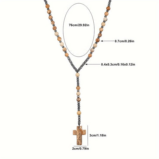 Natural Stone Round Beads - Pink Quartz, Map Stone, Sage Stone, Red Agate Beaded Cross Pendant Necklace for Men and Women, Long Chain Sweater Chain, Gift