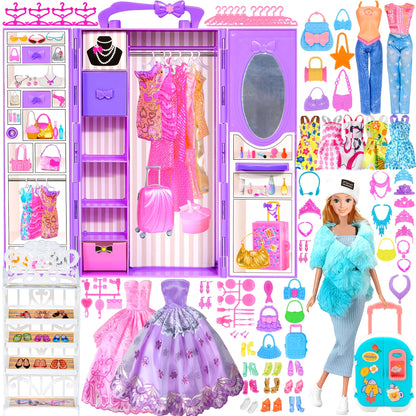 106pcs 29.21 cm Girl Doll with Doll Closet Clothes And Additions, Blue Fur Shawl with Dress, Luggage, Princess Gowns, Outfits, Bikini, Shoes Rack Toys for 3+ Years Old Girls (Include Doll)