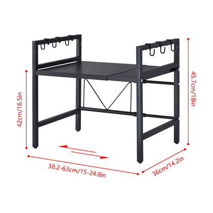 Extendable 2-Tier Microwave Oven Rack Countertop for Kitchen, Microwave Shelf Stand Metal with 6 Hooks, Baker Rack, Adjustable Kitchen Shelf Organizer Black/White