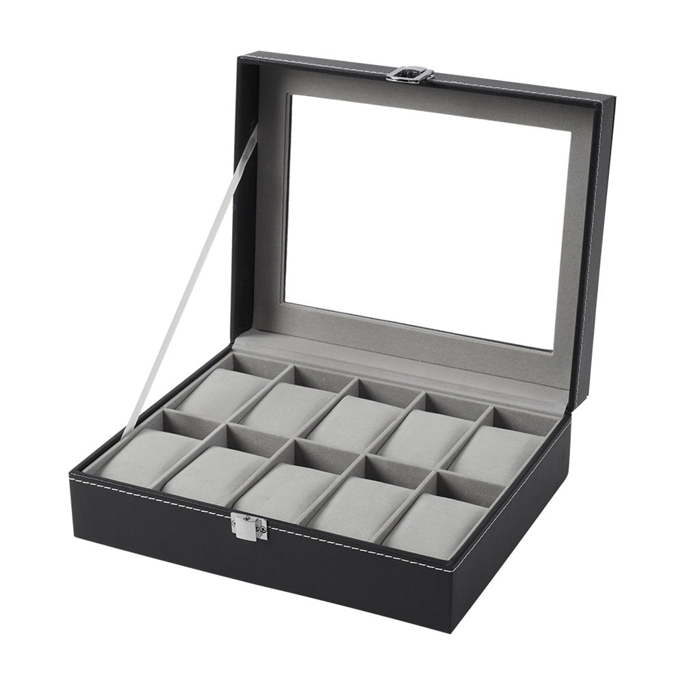 Watch Box for Men, 10 Slot Watch Case With Removable Watch Pillows, Watch Display Box with Glass Lid, Large Watch Holder for Jewelry and Watch Storage for Men Women, Ideal for Christmas Gift