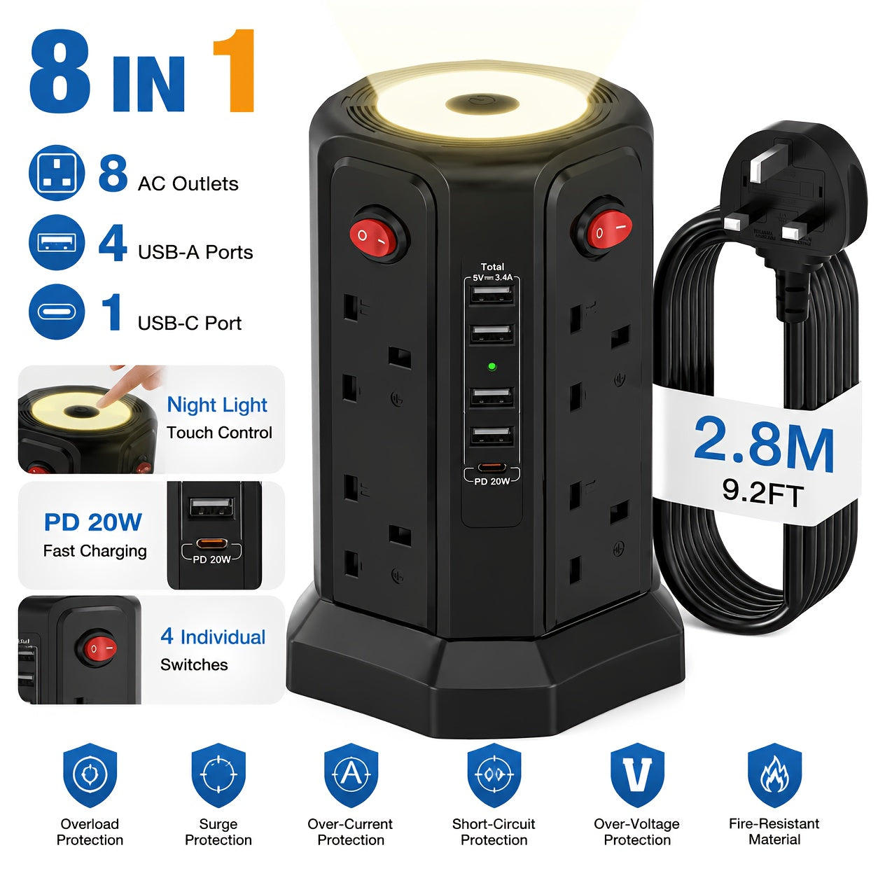 Upgraded New Product Tower Extension with USB Slots 3.02m, 20W Fast Charger with Night Light, (13A 3250W)5 USB Ports & 8 Way, Surge Protected Extension with 4 Independent Switch, Extension Cable for Home Office for Business for Factory