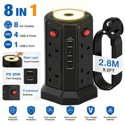 Upgraded New Product Tower Extension with USB Slots 3.02m, 20W Fast Charger with Night Light, (13A 3250W)5 USB Ports & 8 Way, Surge Protected Extension with 4 Independent Switch, Extension Cable for Home Office for Business for Factory