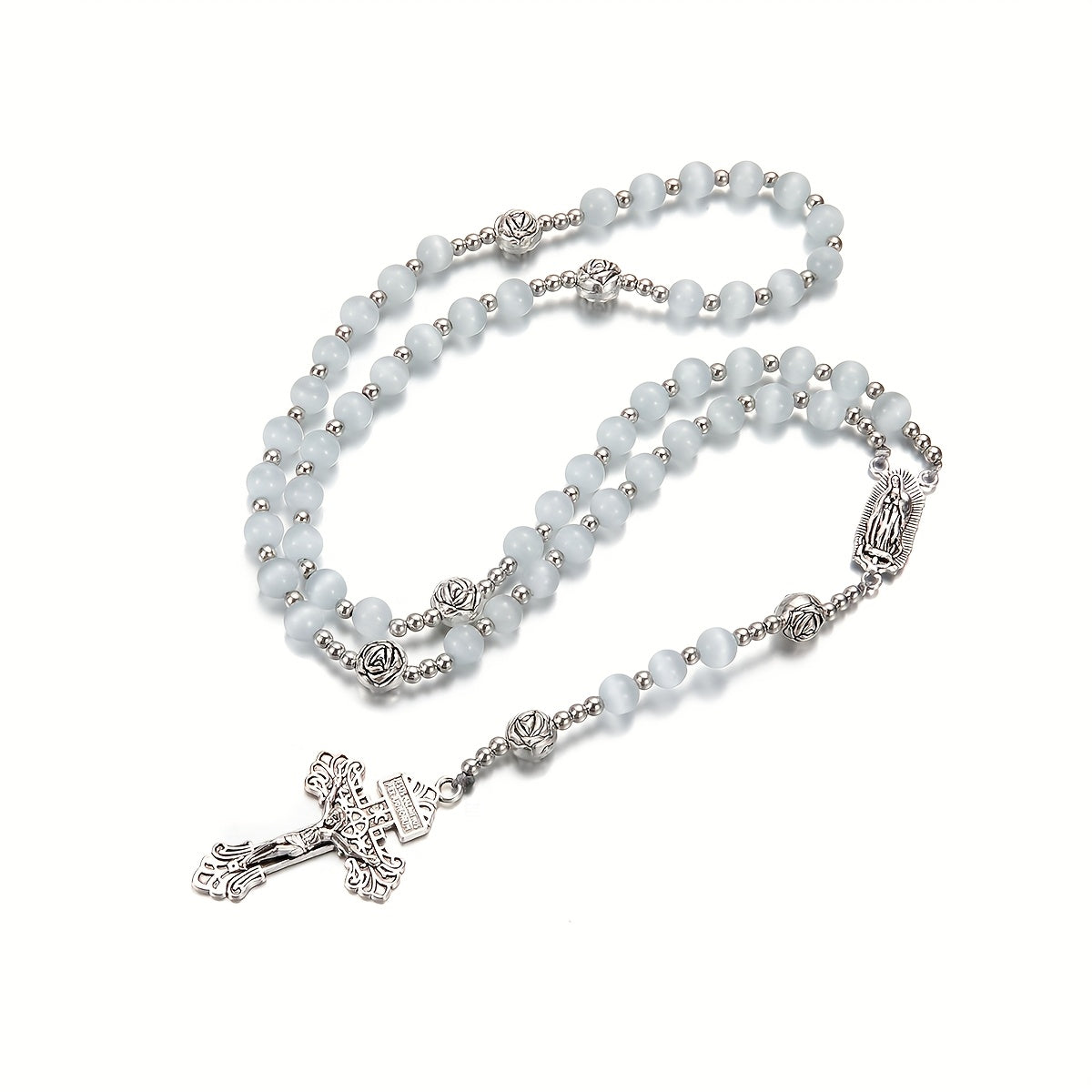 1 Fashionable and Elegant White Cat Eye Stone Round Bead Rose Beads String Cross Pendant Necklace for Men and Women