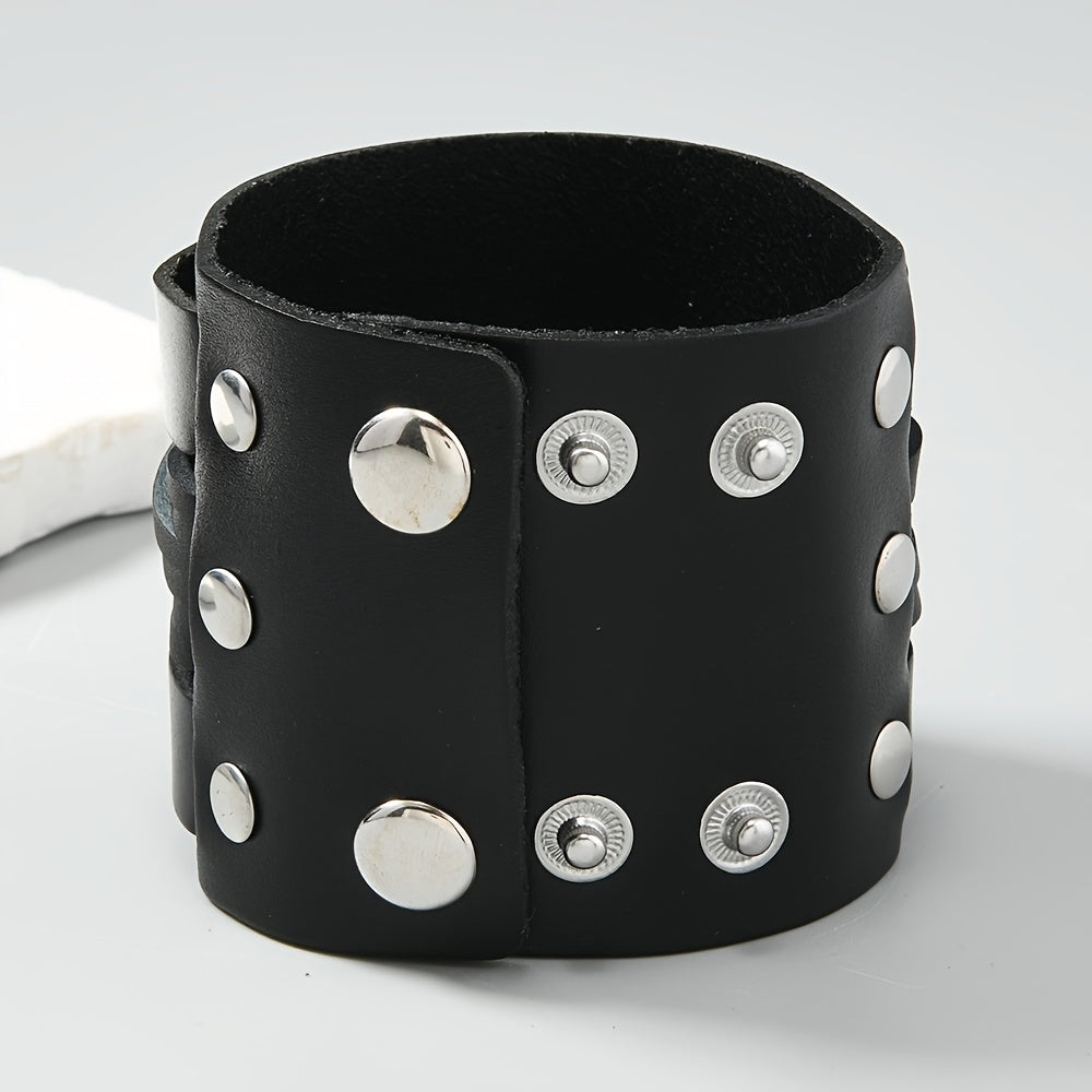 Simple and Adjustable Men's Wide Leather Bracelet, Trendy Punk Rock Bracelet
