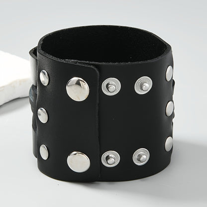 Simple and Adjustable Men's Wide Leather Bracelet, Trendy Punk Rock Bracelet