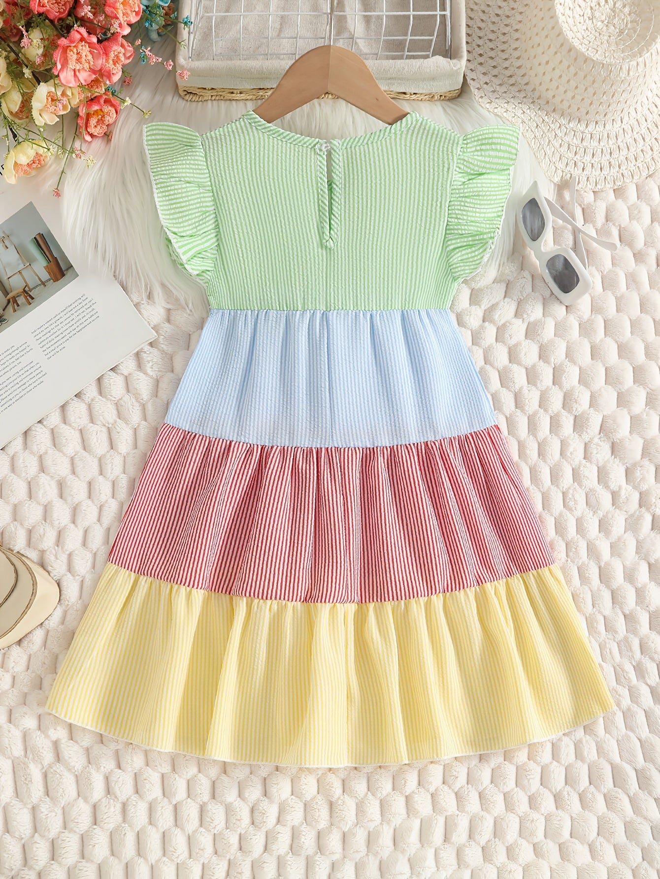 New Summer Style Girls' Colorblock Striped Dress, Cute Flutter Sleeve Dress, Summer Casual Dress, Summer Children's Clothing, Casual Daily Wear, Sweet and Adorable Girls' Dress, Girls' Clothes, Easter
