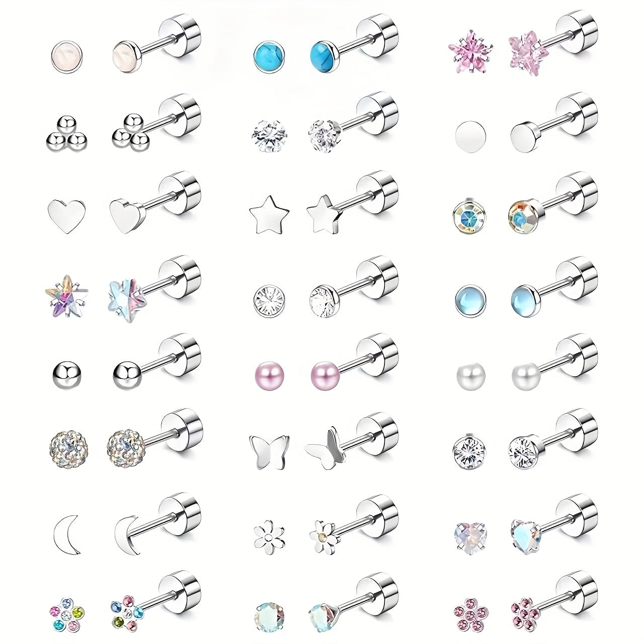 SHZYLN24 Pairs of Girl and Lady Earrings - 316L Stainless Steel Stud Earrings, Cute CZ 4mm Mini Flat Back Screw Earrings Set., for Teenager