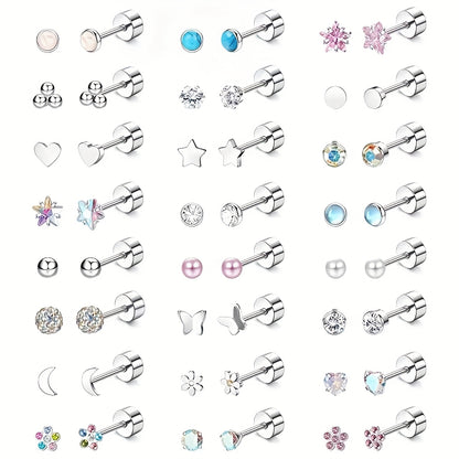 SHZYLN24 Pairs of Girl and Lady Earrings - 316L Stainless Steel Stud Earrings, Cute CZ 4mm Mini Flat Back Screw Earrings Set., for Teenager