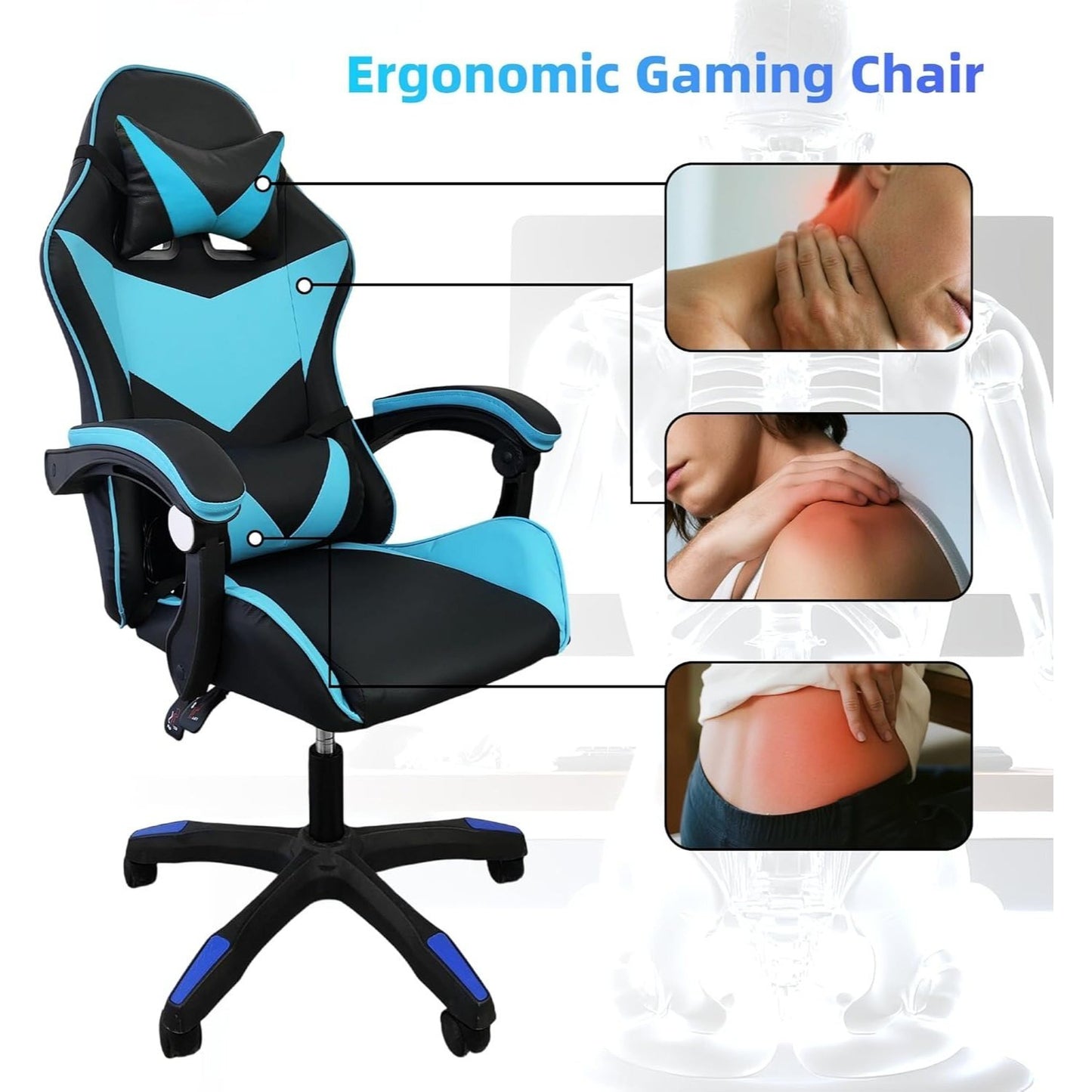 Gaming Chair Footrest Office Massage Computer Recliner Swivel Cushion High Back Support Lumbar Support