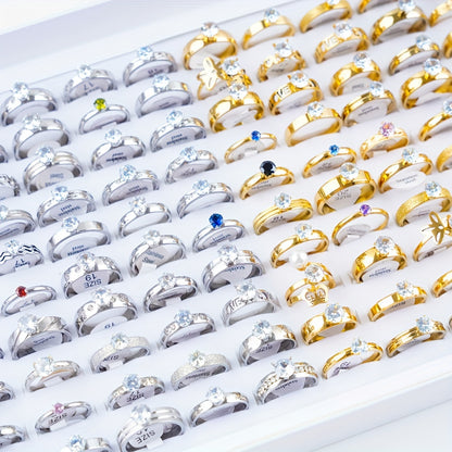 20 Fashionable Classic Rhinestone Stainless Steel Rings for Women and Men, Simple Shiny Colorful Finger Jewelry, Wedding Party Gift