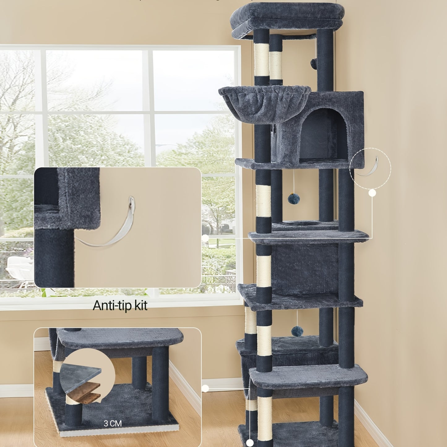 210 Cm Large Cat Scratching Post, Cat Tower For Maine Cats, Large Cats, Multi-Level Scratching Post With Large Perch, Washable Mat, Cat House Furniture With 2 Caves, 8 Scratching Posts, Dark Grey