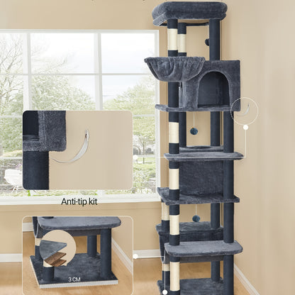 210 Cm Large Cat Scratching Post, Cat Tower For Maine Cats, Large Cats, Multi-Level Scratching Post With Large Perch, Washable Mat, Cat House Furniture With 2 Caves, 8 Scratching Posts, Dark Grey