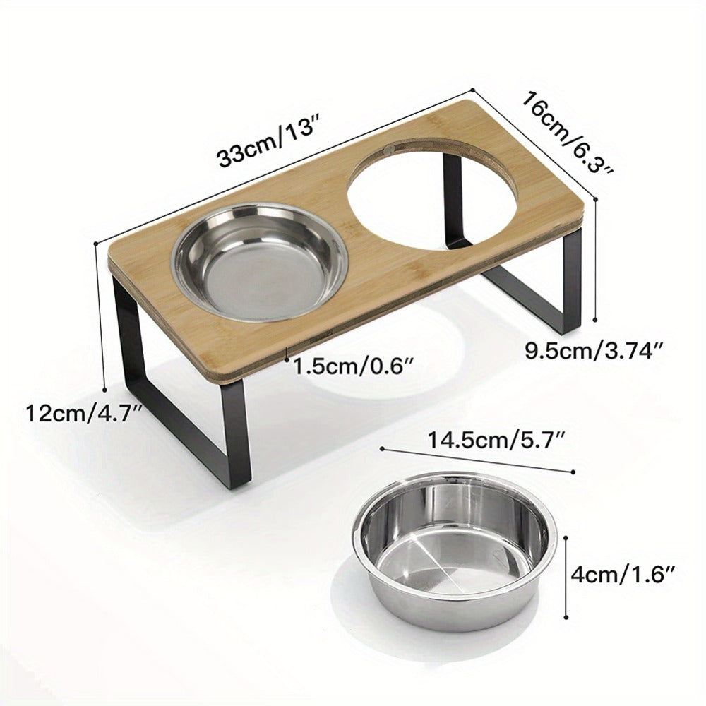 Raised Cat Food Bowl Elevated Feeder with 2 Stainless Steel Bowls – 15° Tilted Double Dish Feeding Station for Indoor Cats, 33x16x12cm