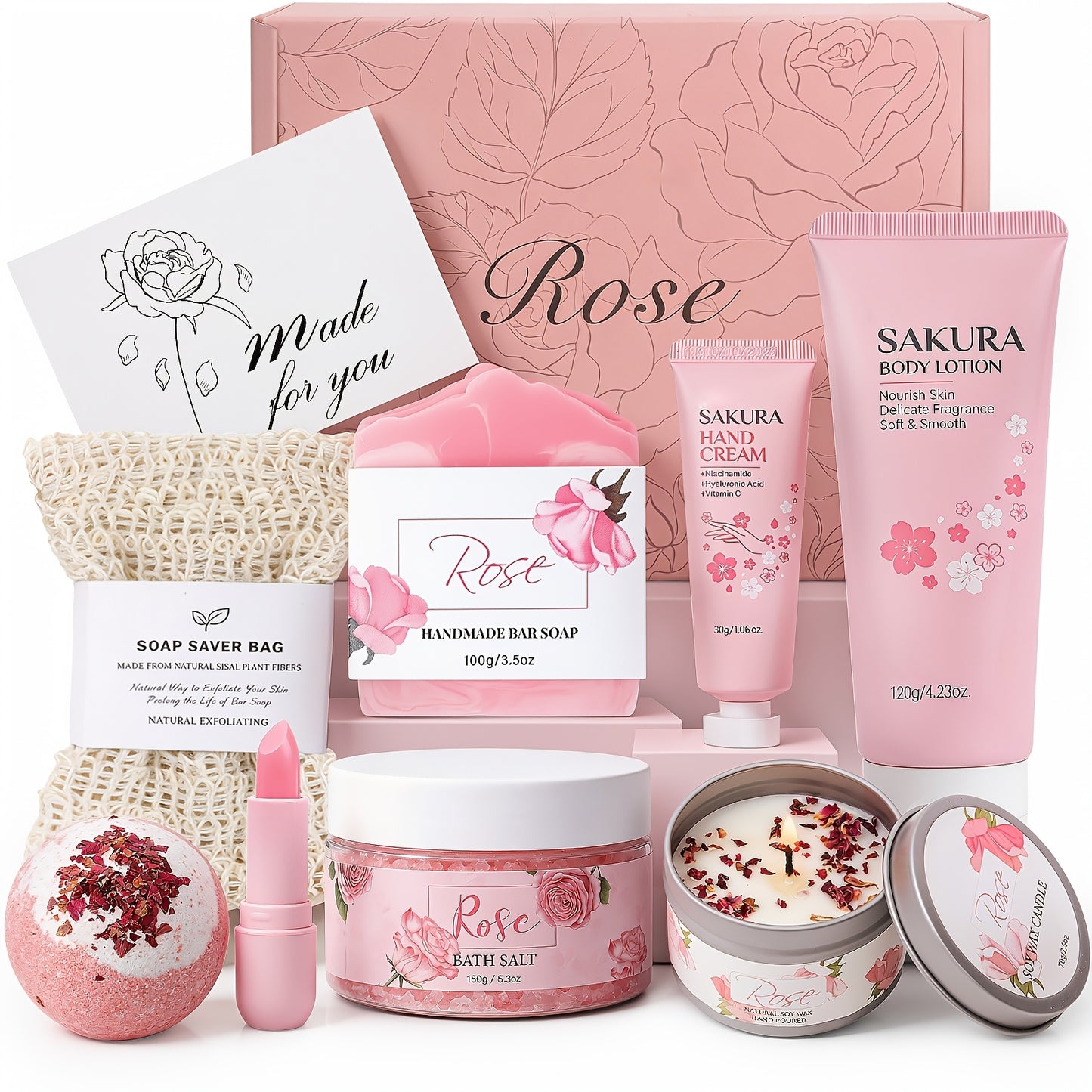 Bath & Body Gift Basket for Women – Rose Home Spa Self Care Set, Birthday Mothers Day Gift for Her, Mom, Sister & Friends (Pink)