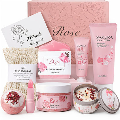 Bath & Body Gift Basket for Women – Rose Home Spa Self Care Set, Birthday Mothers Day Gift for Her, Mom, Sister & Friends (Pink)