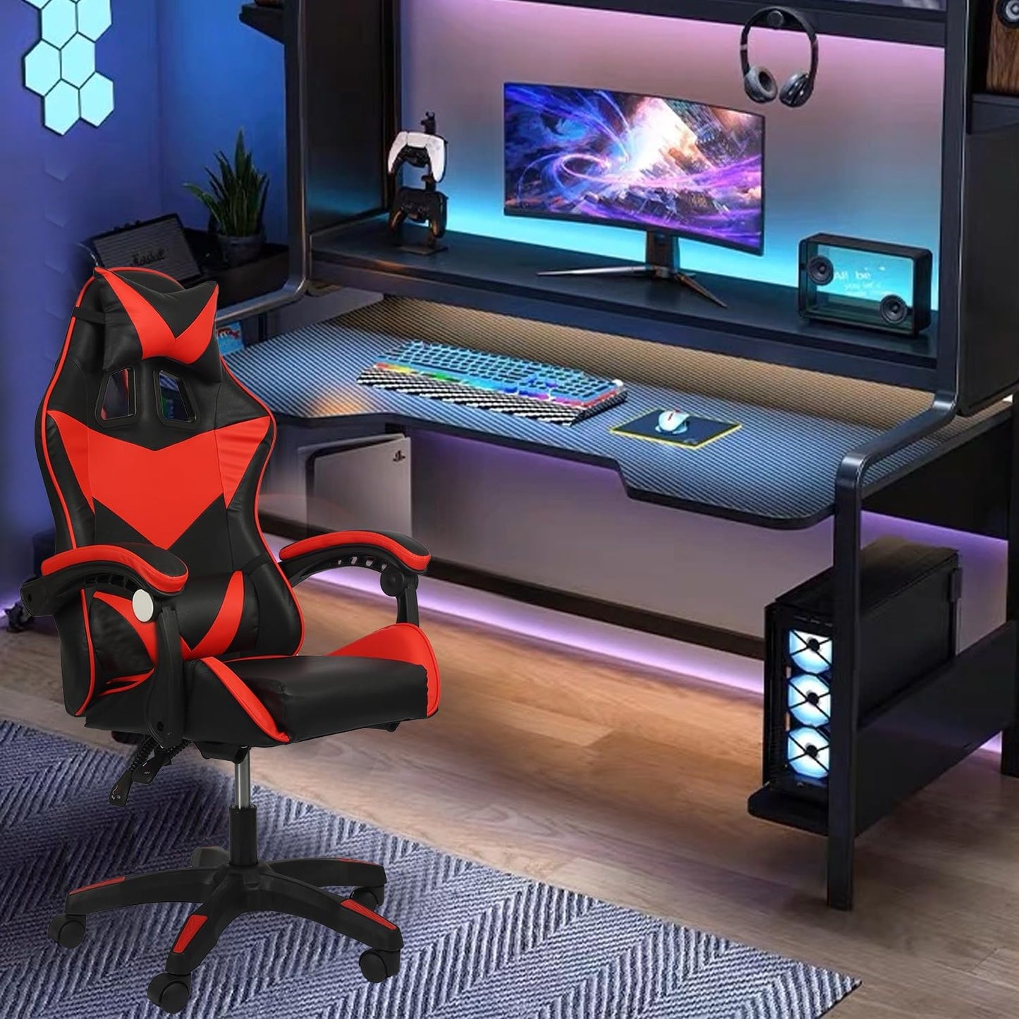 Adjustable Ergonomic Gaming Chair Swivel Desk Computer Office Home Chair Lumbar Black + Red