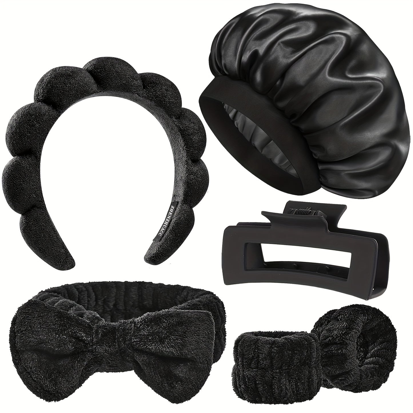 6pcs Satin Bonnet for Sleeping And Spa Headband Set, Soft Microfiber Skincare Hairband with Bow, Maillard Color Wide Band Hairs Bonnet for Sleeping Wristbands with Hair Claw Clip for Women Men
