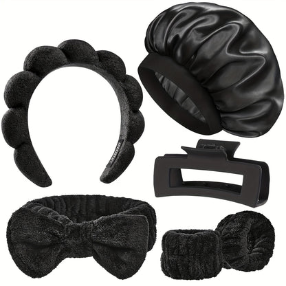 6pcs Satin Bonnet for Sleeping And Spa Headband Set, Soft Microfiber Skincare Hairband with Bow, Maillard Color Wide Band Hairs Bonnet for Sleeping Wristbands with Hair Claw Clip for Women Men