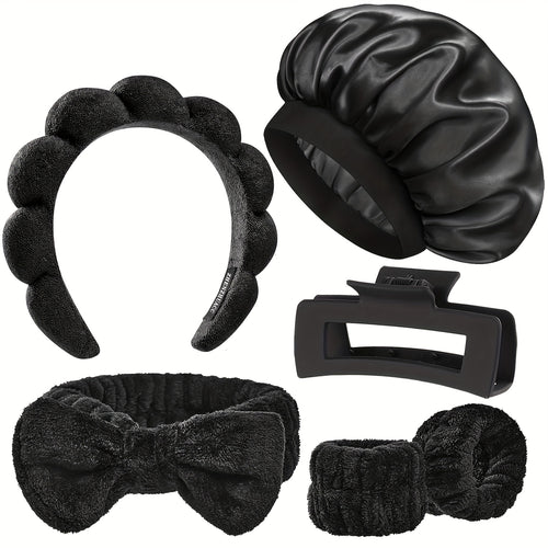 6pcs Satin Bonnet for Sleeping And Spa Headband Set, Soft Microfiber Skincare Hairband with Bow, Maillard Color Wide Band Hairs Bonnet for Sleeping Wristbands with Hair Claw Clip for Women Men