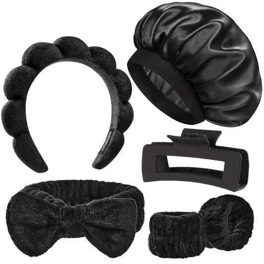 6pcs Satin Bonnet for Sleeping And Spa Headband Set, Soft Microfiber Skincare Hairband with Bow, Maillard Color Wide Band Hairs Bonnet for Sleeping Wristbands with Hair Claw Clip for Women Men