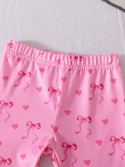 2pcs Set of Casual Loose-fitting Round-neck Short-sleeve T-shirt and Shorts for Girls Aged 1-6, Featuring Cute Heart and Bowknot Prints, Suitable for Daily Wear, Outings, Home, and School in Spring and Summer, Perfect for Outdoor