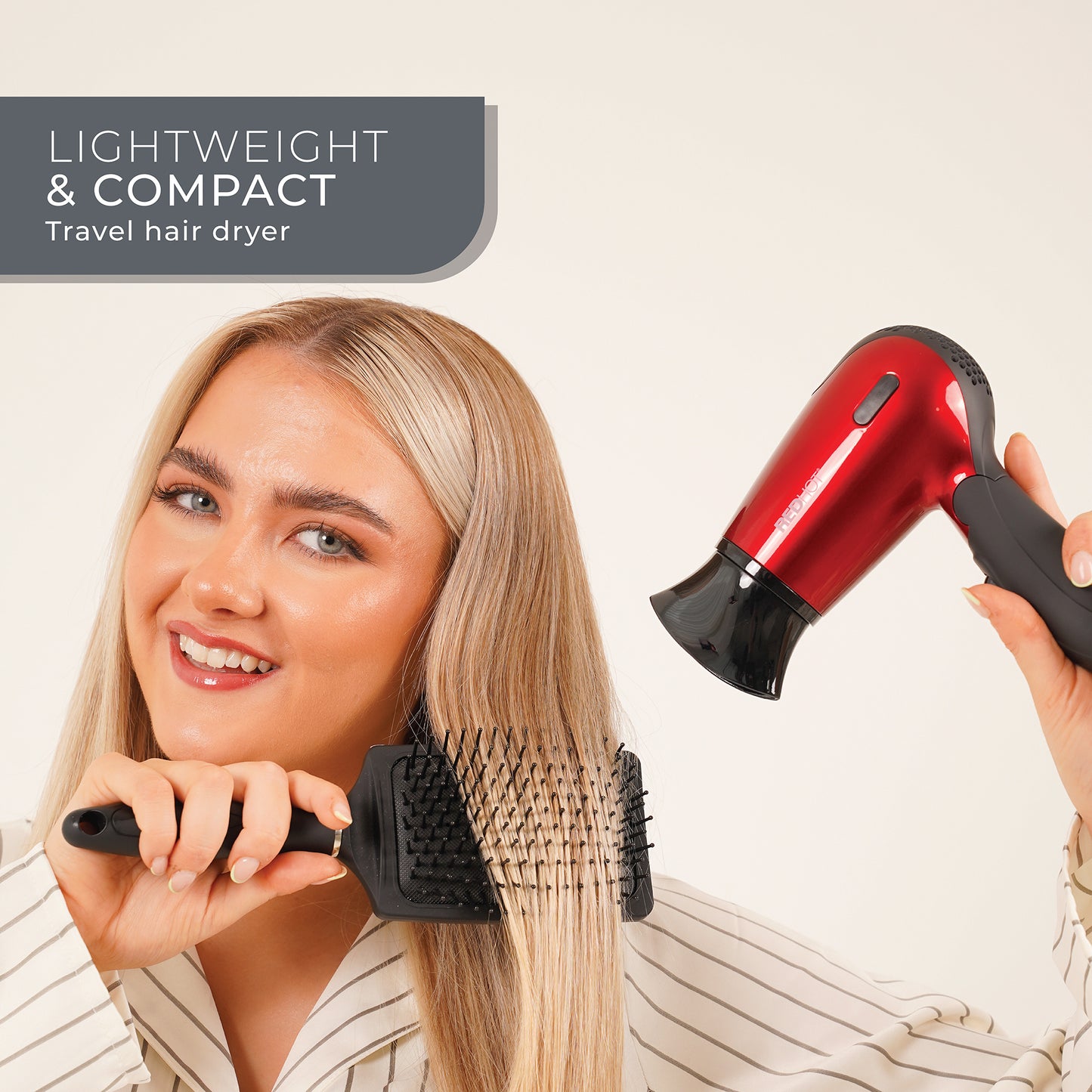 Red Hot 37070 1200W Travel Hair Dryer with Folding Handle/Dual Voltage / 2 Heat Settings/Compact & Lightweight/Red Coloured