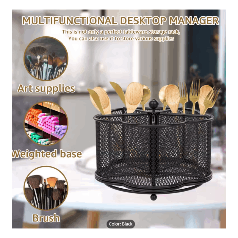 Kitchen Utensil Holder 360° Rotating Utensil Holder 18.29 X 12.95cm Large Metal Utensil Organizer 5-Compartment Metal Utensil Caddy Rotatable Cutlery Holder for Kitchen Dining Tables Kitchen Utensil Organizer Metal Flatware Caddy Countertop Utensil