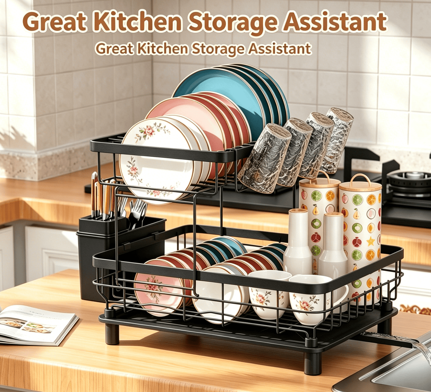 2 Tier Dish Drainer Rack Black Kitchen Counter Dish Storage Rack with Drip Tray Utensil Holder
