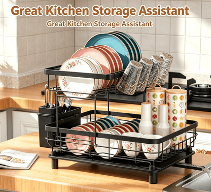 2 Tier Dish Drainer Rack Black Kitchen Counter Dish Storage Rack with Drip Tray Utensil Holder
