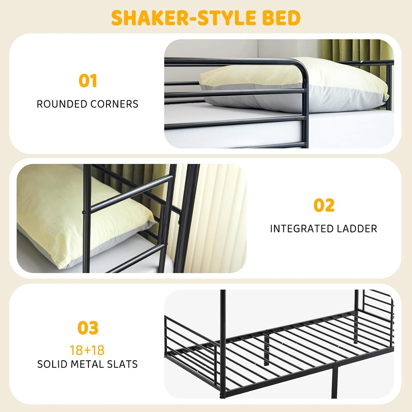 Adult Bunk Bed, Sturdy Twin Over Twin Metal Structure Featuring an Integrated Safety Ladder, Complete Guardrails, Underbed Storage Space, Black Coating